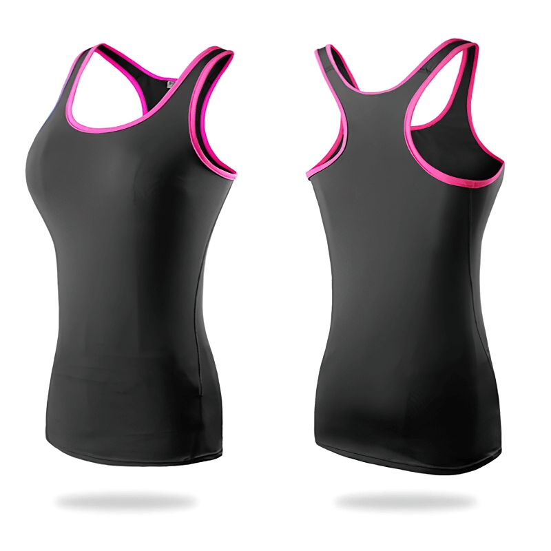Elastic women's tank top for gym, black with pink trim, displaying front and back view for optimal fitness comfort and style.