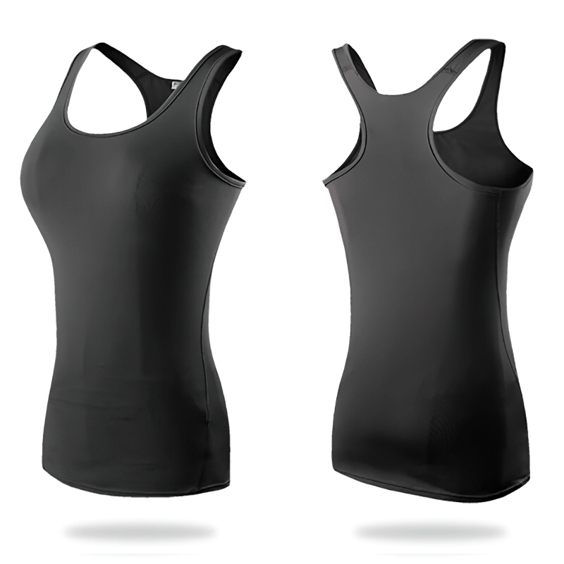 Elastic women's fitted tank top for gym, breathable and comfortable, in black. Ideal for workouts and sports activities.