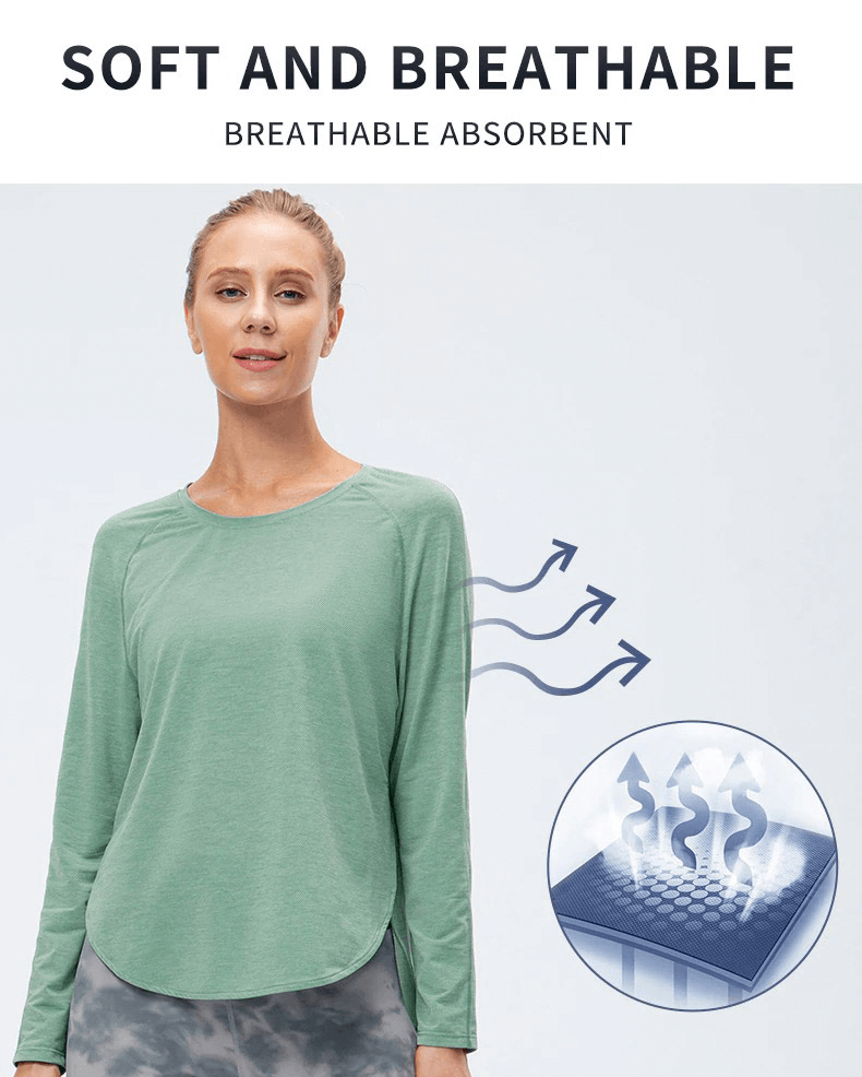 Woman wearing elasticity loose green top with draped hem and long sleeves, displaying breathable and quick-dry features for yoga.