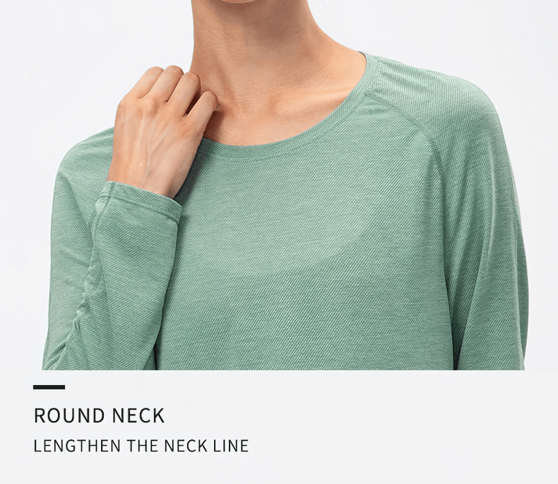 Model wearing green long-sleeve sports top with round neck, highlighting neck lengthening design, perfect for yoga or workouts.