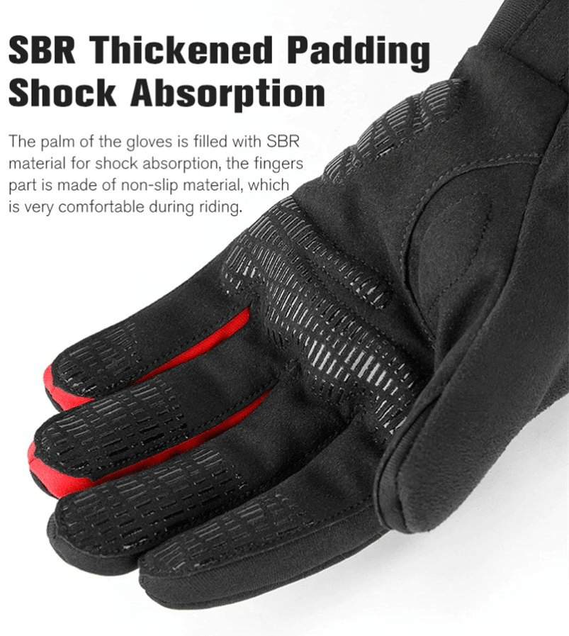 Close-up of windproof cycling glove with SBR padding and non-slip fingers, designed for shock absorption and comfort.