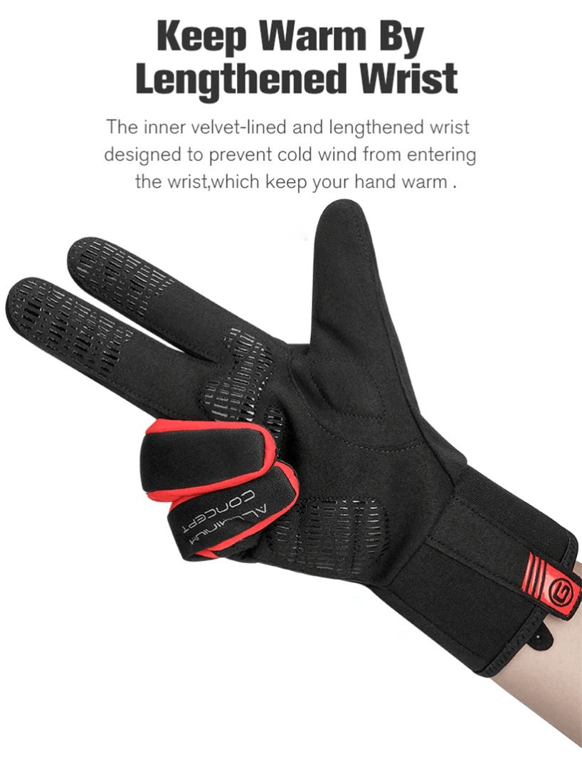 Black extended cycling glove with windproof and velvet-lined wrist. Perfect for men and women seeking warmth and protection.