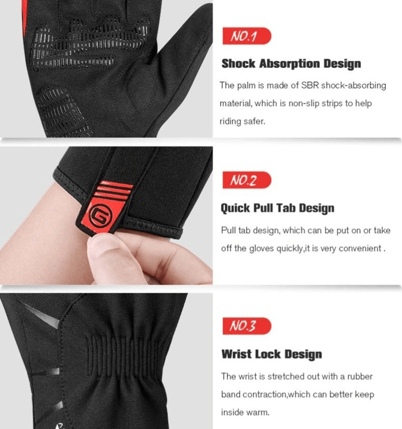 Three-feature display of cycling gloves highlighting shock absorption, quick pull tab, and wrist lock designs for windproof protection.