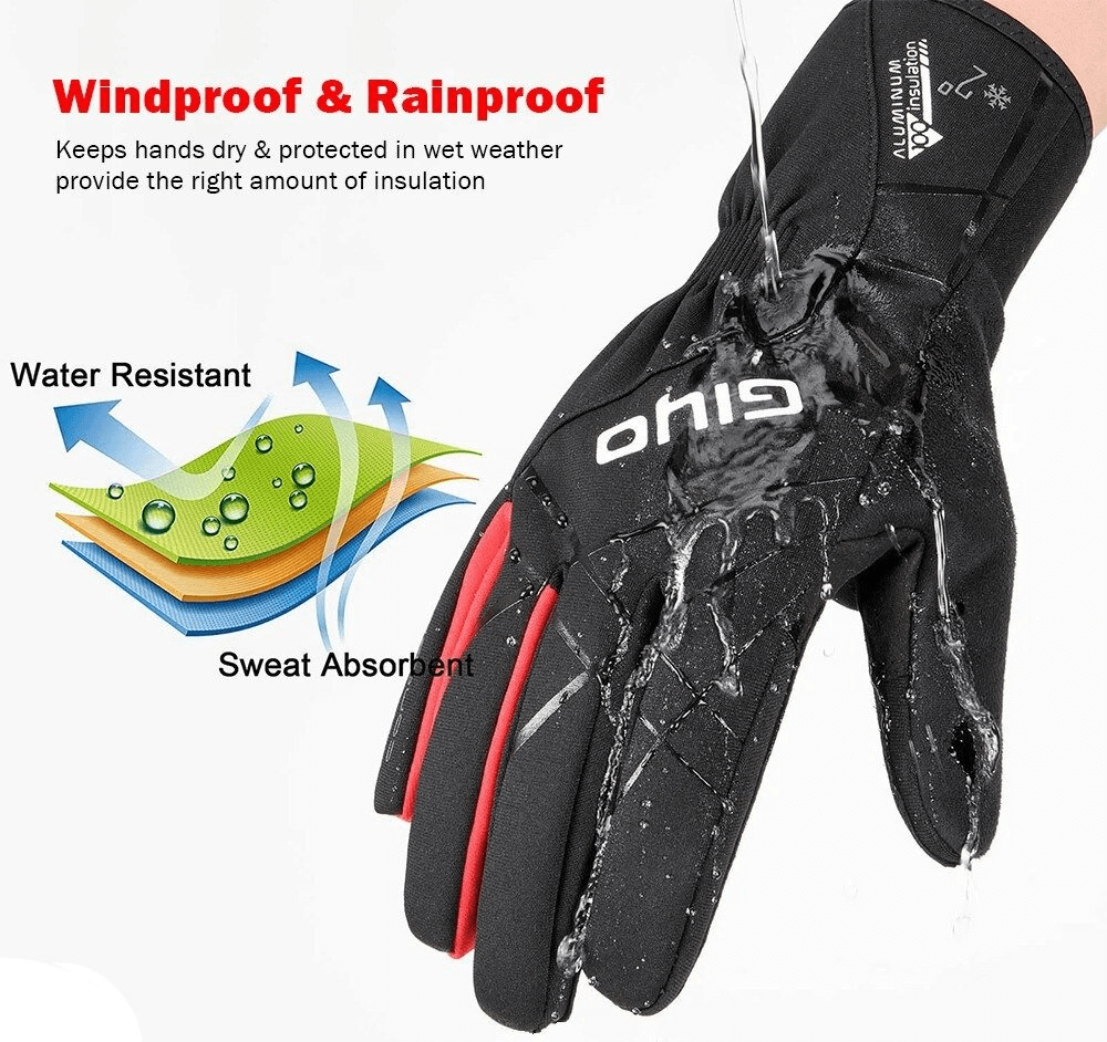 Windproof and rainproof cycling gloves with water resistance and insulation features for all-weather protection.
