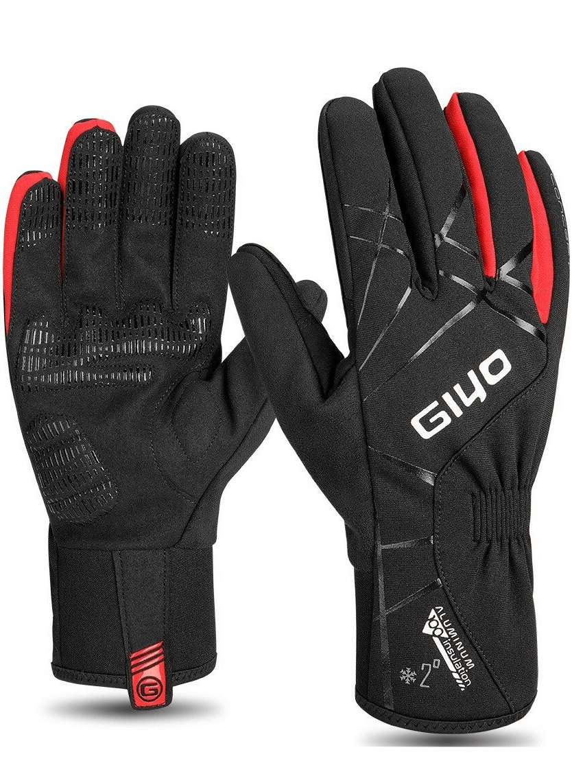 Extended cycling thickened windproof gloves for men and women, black with red accents, full finger, unisex design for outdoor sports.