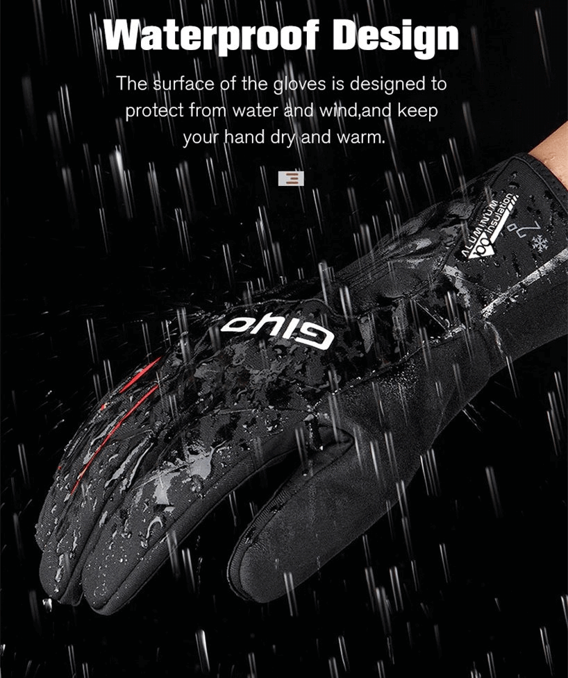 Unisex waterproof cycling gloves in rain, showcasing windproof and thickened design for warmth and protection, full finger coverage.