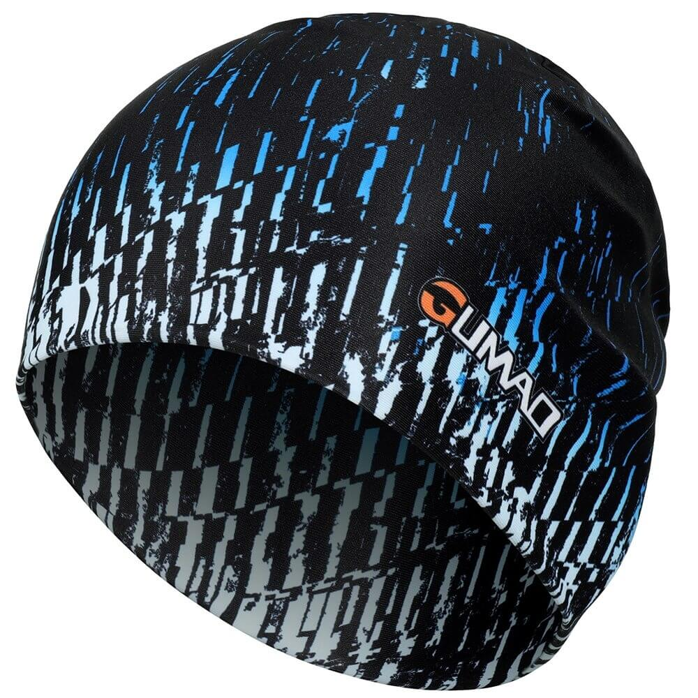 Breathable quick-dry cycling beanie cap with stylish black and blue pattern, designed for outdoor activities, unisex casual style.