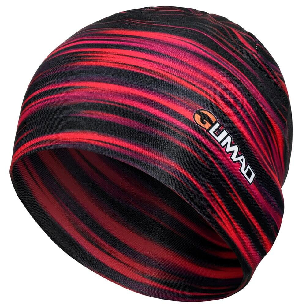 Red and black striped fashion bicycle beanie cap, breathable quick-dry running hat, unisex design for outdoor activities.