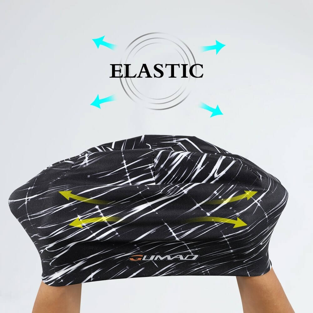 Black breathable cycling beanie cap being stretched, highlighting its elastic and quick-dry features. Perfect for outdoor activities.