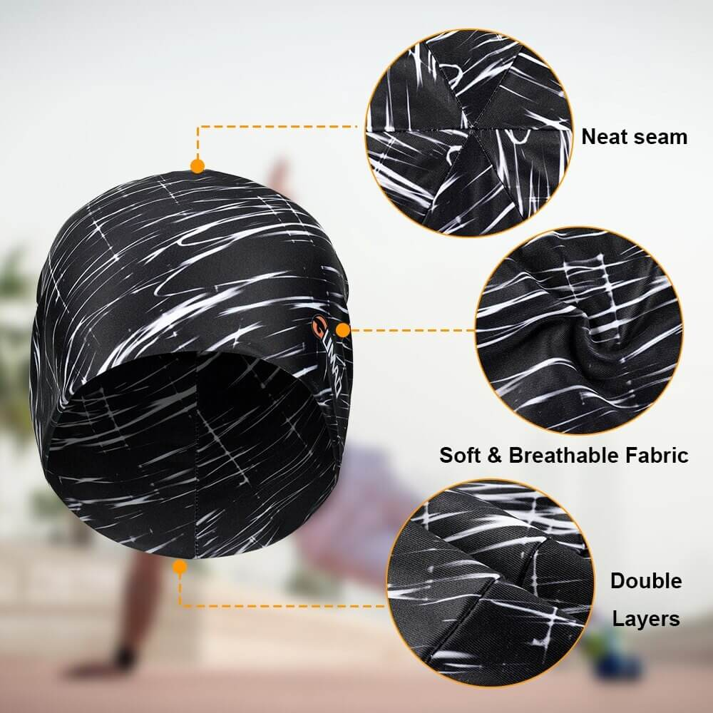 Black and white breathable bicycle beanie cap SF0521 with neat seam, soft fabric, and double layers for outdoor activities.