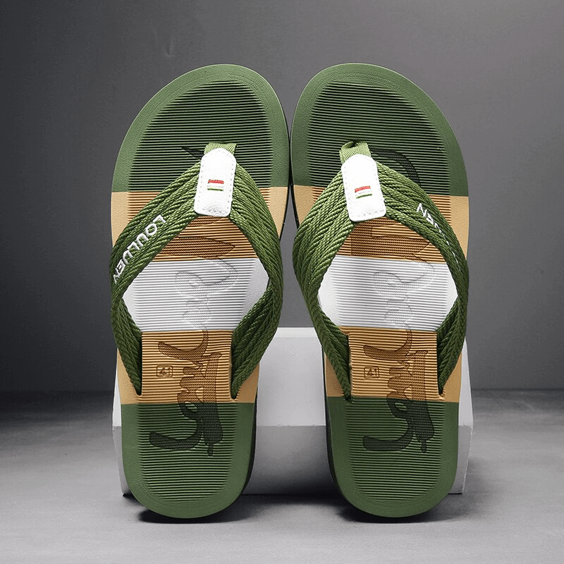 Green Fashion Breathable Beach Flip Flops for Men, featuring a cross-tied design, EVA insole, and rubber outsole for comfort and style.