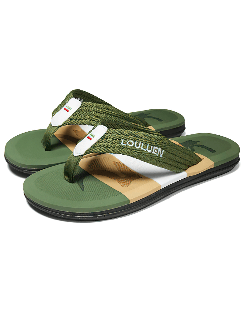 Green fashion breathable casual beach flip flops for men, SF1077, with cross-tied design and durable rubber outsole.