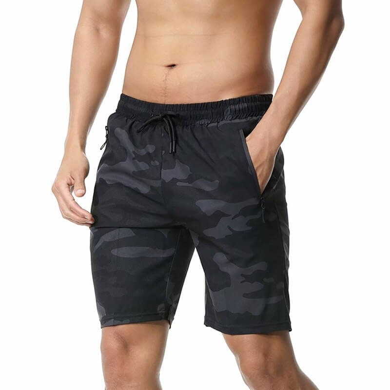 Men's breathable drawstring shorts with pockets, camo design, perfect for active wear, made from polyester and spandex for comfort.