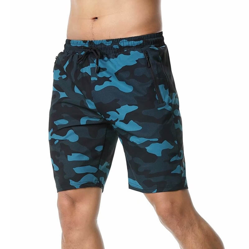 Men's fashion breathable drawstring shorts with pockets, camo blue pattern, knee-length for running and lounging, SF0661 model.
