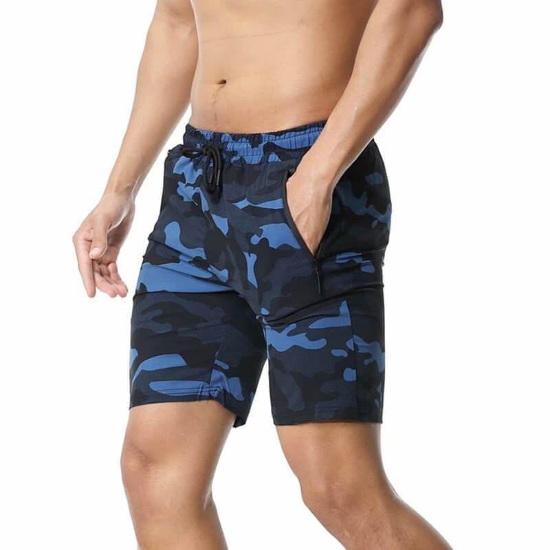 Men's breathable camo drawstring shorts with pockets, ideal for sports and leisure, featuring a comfortable loose fit.