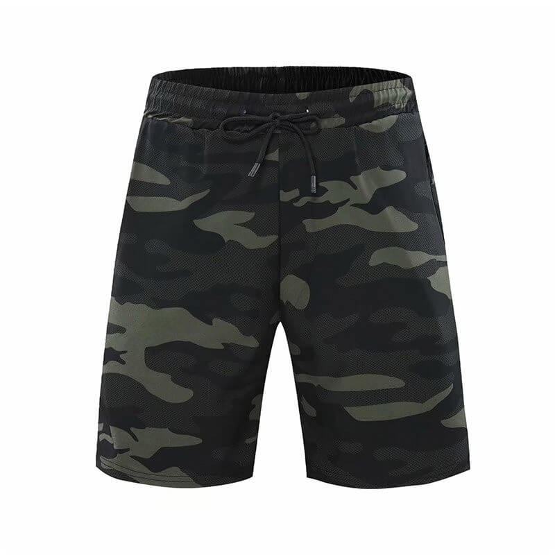 Men's camo drawstring shorts with pockets, breathable fabric for comfort, ideal for running and lounging.
