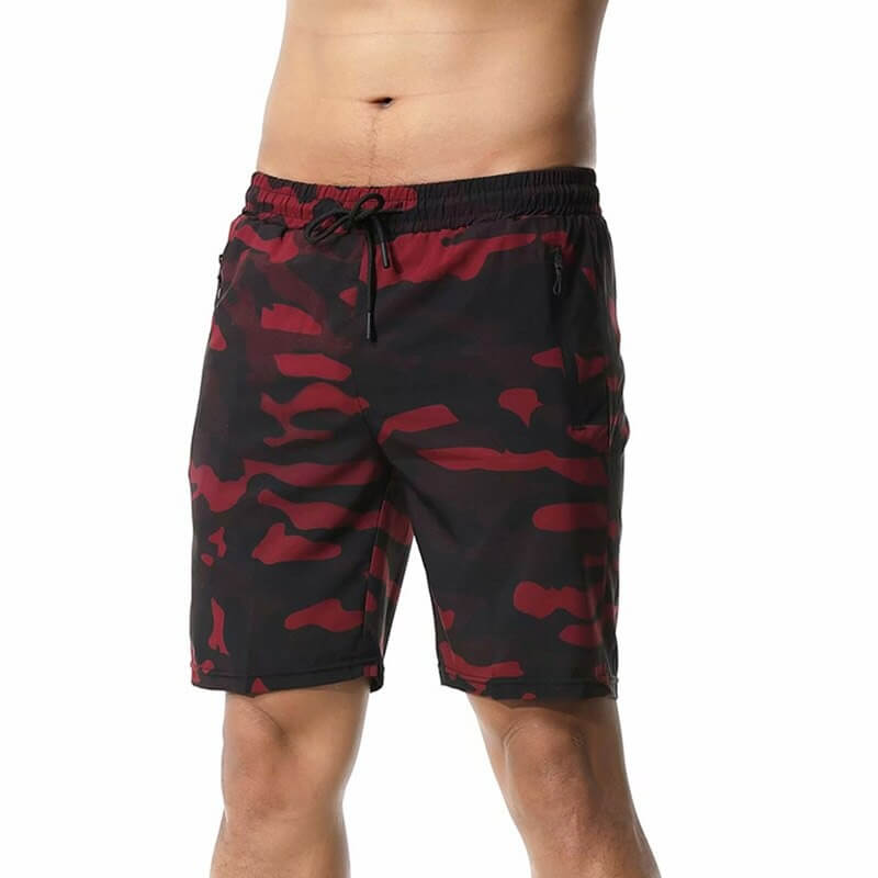 Men's red and black breathable drawstring shorts with pockets, perfect for running or lounging. Style SF0661.
