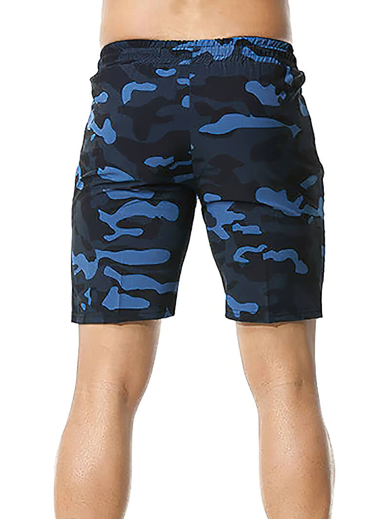 Men's blue camo breathable drawstring shorts with pockets, knee-length, made of polyester and spandex for comfort - SF0661