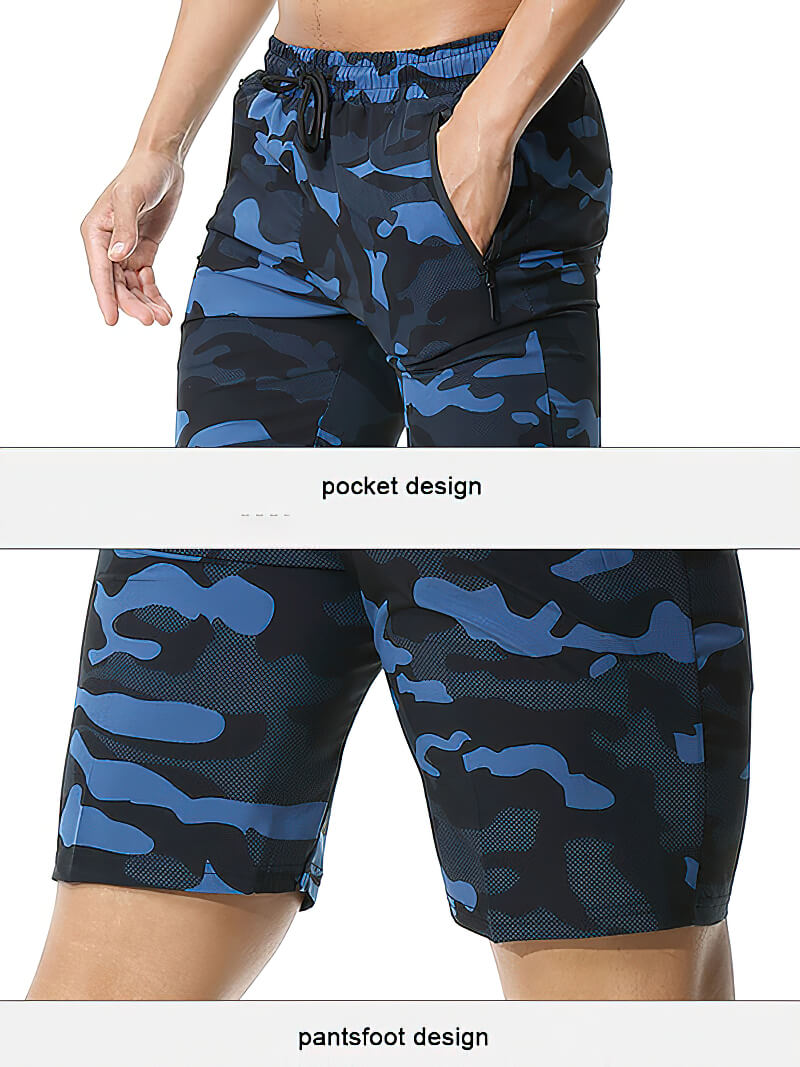 Men's breathable camo drawstring shorts with pockets, perfect for running or lounging, featuring a knee-length loose fit and stylish design.