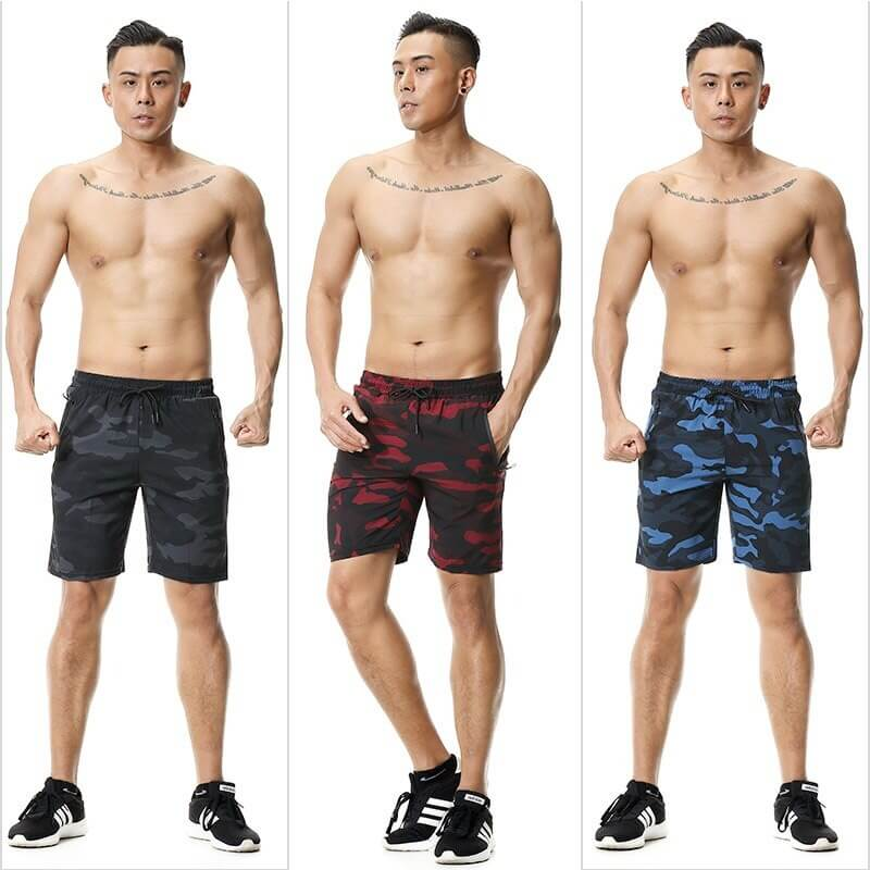Men's fashion breathable drawstring shorts in camo colors with pockets, ideal for activities, showcasing comfort and style.