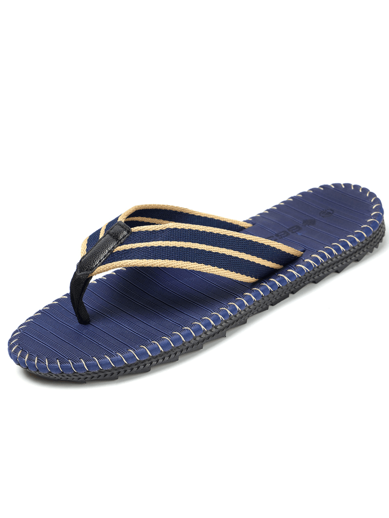 Blue and beige striped beach flip flops for men, breathable and lightweight design with rubber outsole and EVA upper, perfect for casual wear.