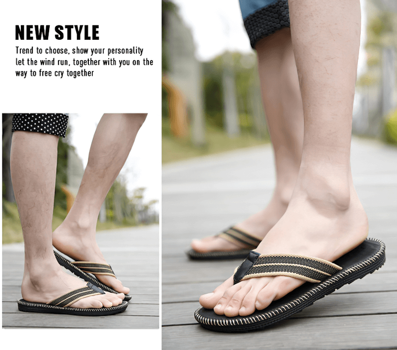 Fashion breathable lightweight men's beach flip flops, EVA material, worn outdoors on wooden path, perfect for summer style.
