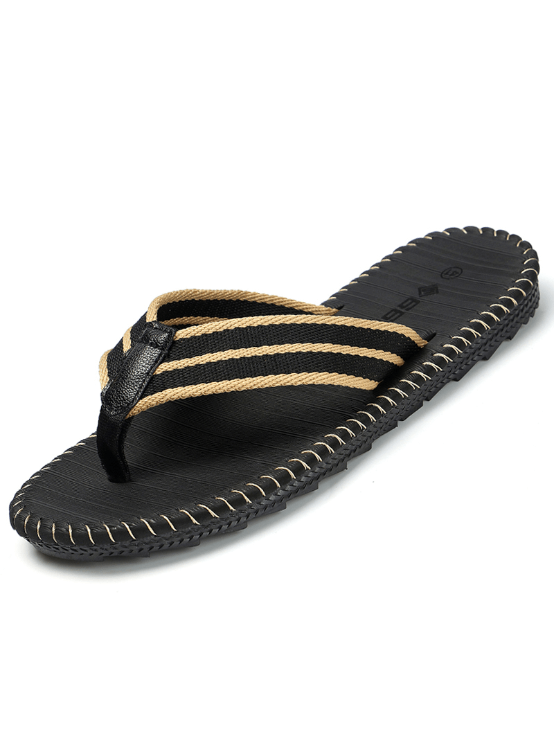 Men's black and beige breathable casual beach flip flops with EVA upper and rubber outsole, perfect for leisure and comfort.