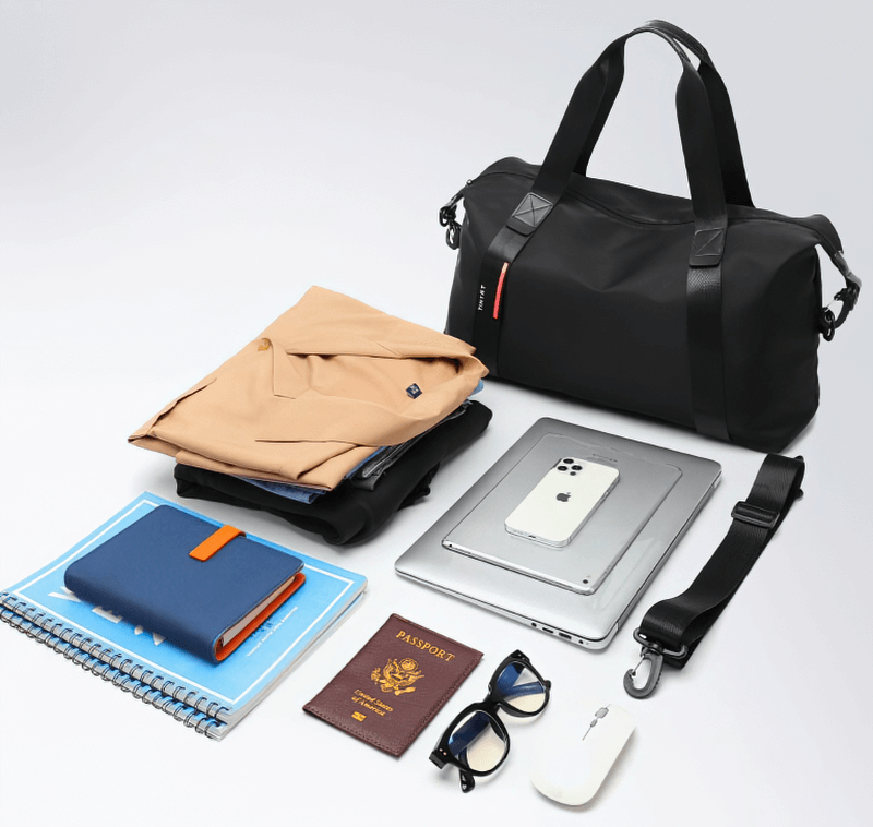 Fashion Casual Sports Shoulder Bag alongside travel essentials like clothes, gadgets, and a passport, perfect for fitness travelers.