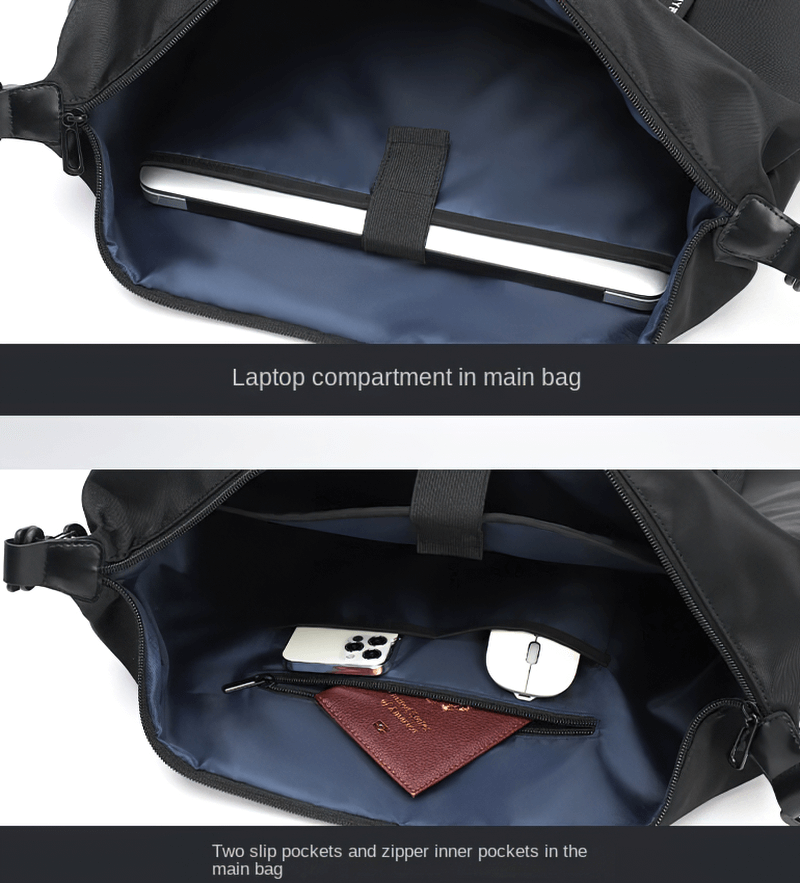 Interior of sports shoulder bag with laptop compartment, two slip pockets, and a zipper pocket, perfect for travel and organization.