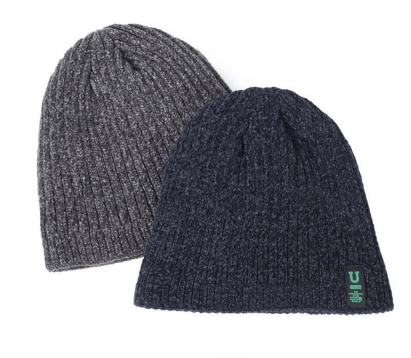 Grey and navy Fashion Classic Knitting Thickening Wind Protection Hats for winter warmth, unisex style for casual or sporty look.