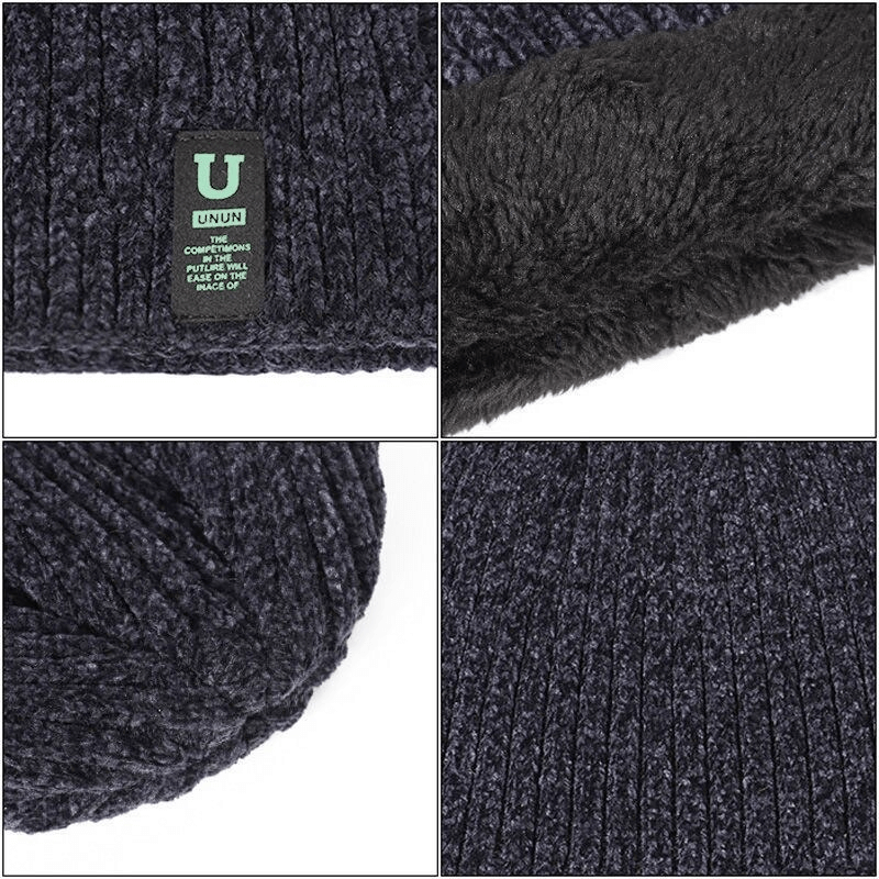 Close-up of a classic knitting thickening wind protection hat made of black acrylic and wool, showcasing texture and windproof features.