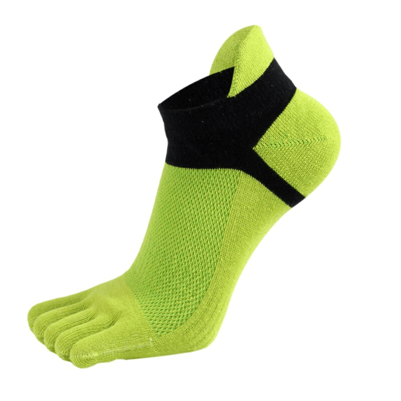 Stylish bright green cotton five-finger short sock for women with black accent offering comfort, breathability, and antibacterial protection.