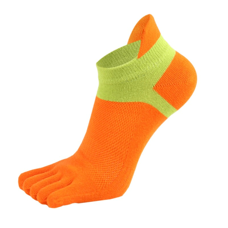 Fashion Colorful Cotton Five-Finger Short Socks for Women in orange and green. Comfortable, breathable, stylish socks, model SF0760.