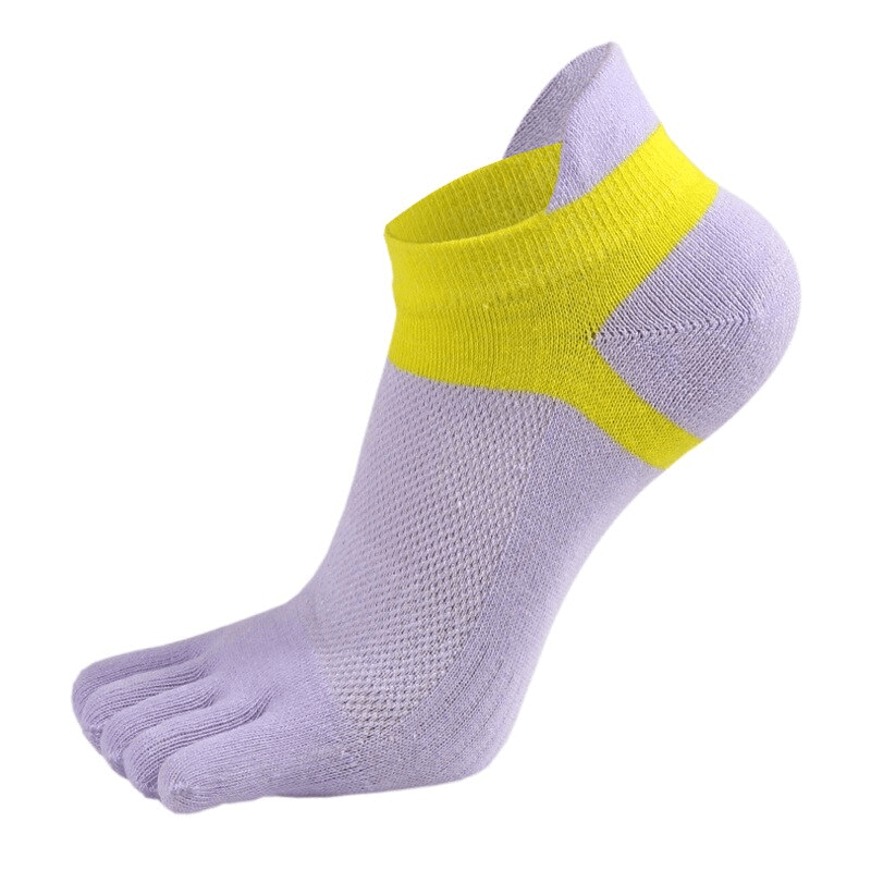 Colorful cotton five-finger short socks in purple and yellow, designed for women, offering comfort, breathability, and antibacterial protection.