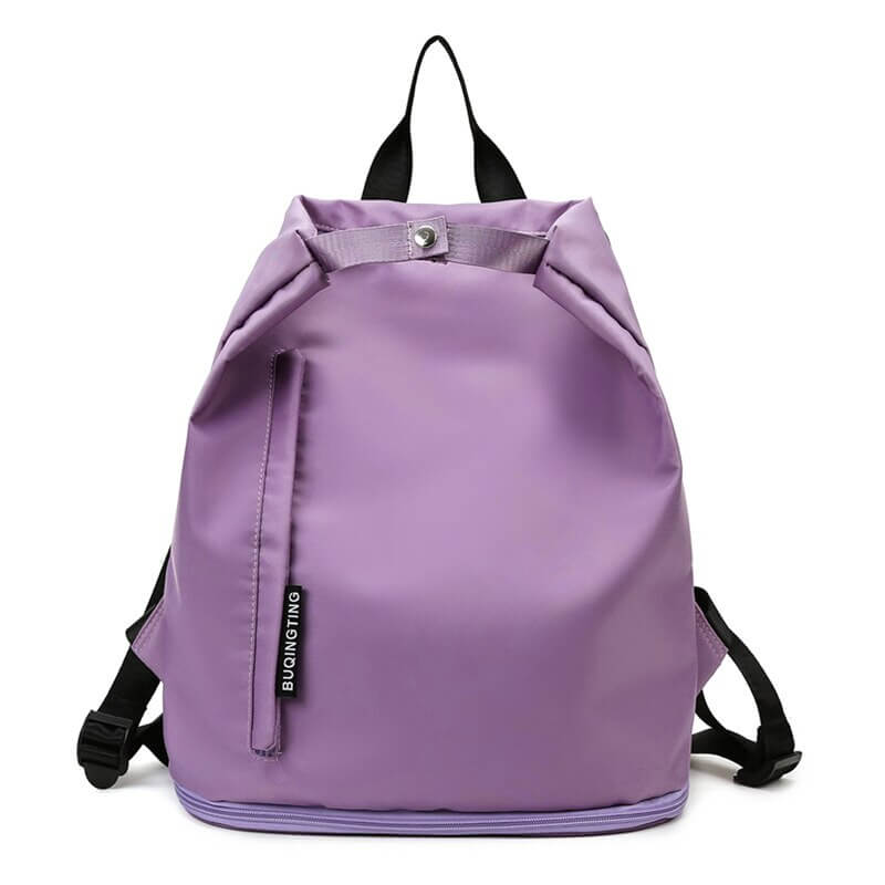 Trendy purple waterproof backpack with double layers and drawstring closure, ideal for fashion-forward women seeking style and practicality.