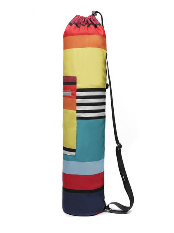 Vibrant striped yoga mat bag with adjustable strap, featuring bold colors and patterns for a stylish fitness accessory.