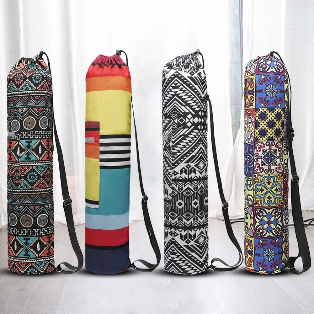 Colorful floral printed yoga mat bags with adjustable straps, perfect for pilates or yoga enthusiasts. Unisex fitness accessory.
