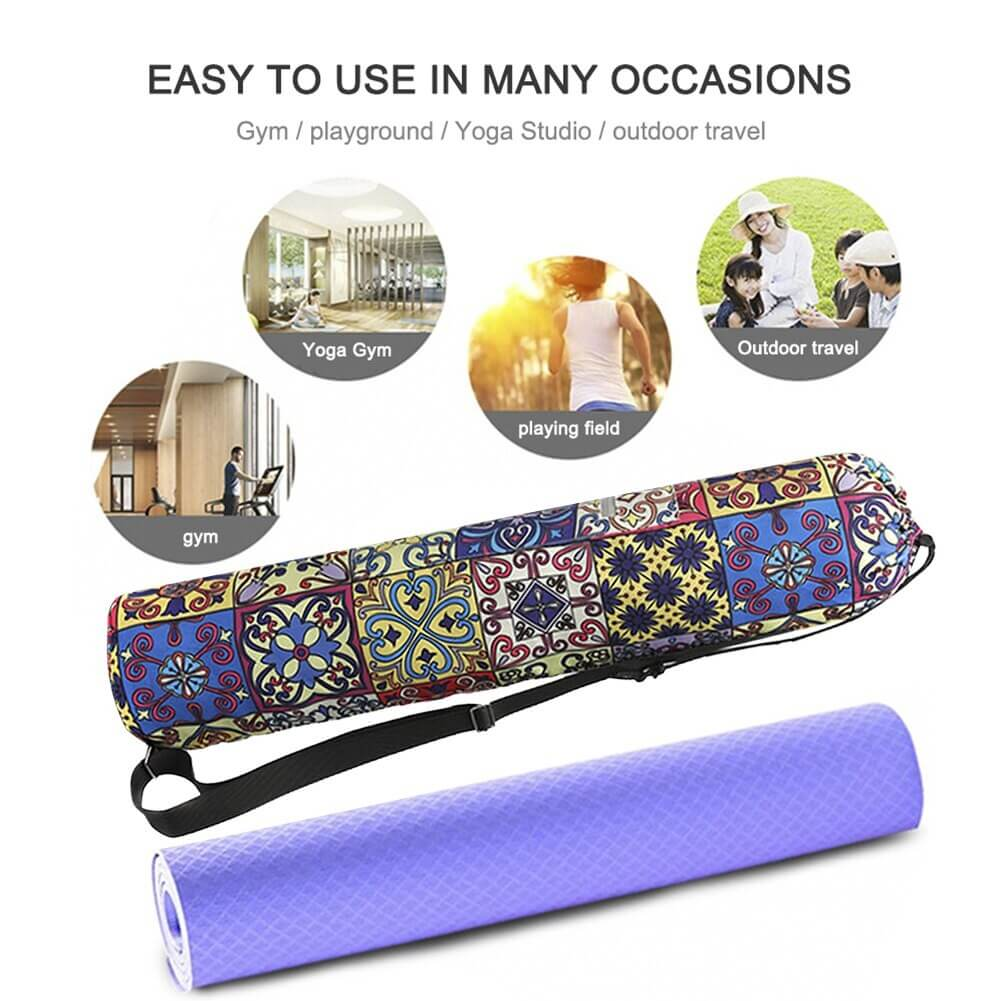 Fashion floral printed yoga mat bag with adjustable strap on display, showcasing versatility for gym, yoga studio, and outdoor use.