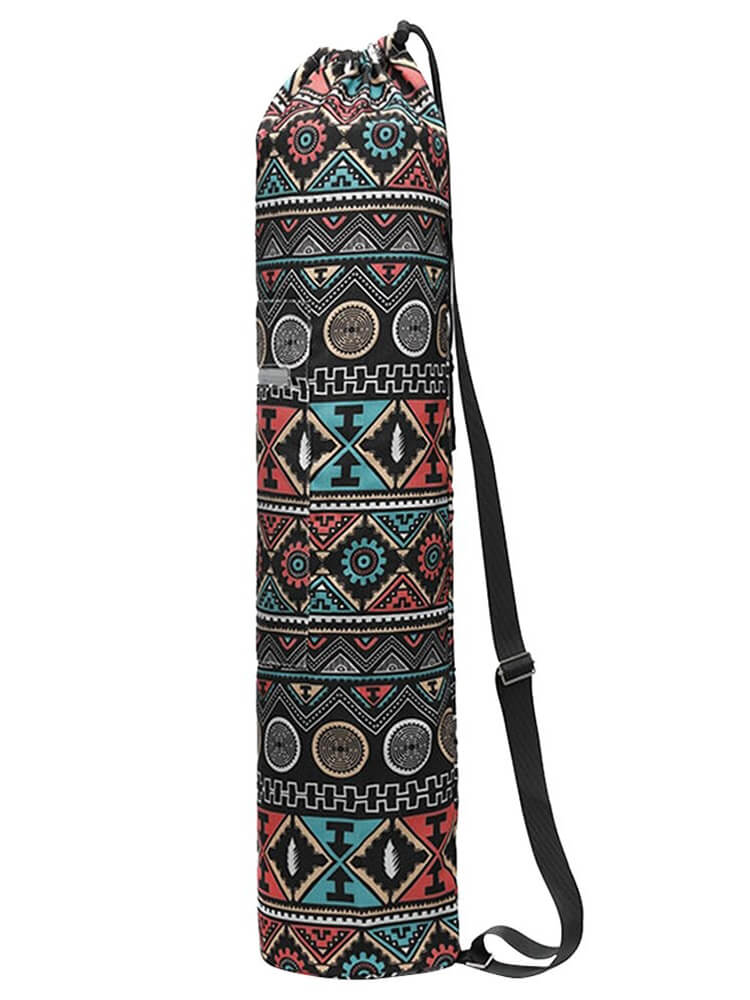 Fashion floral printed yoga mat bag with adjustable strap in colorful geometric pattern, made of microfiber for fitness enthusiasts.