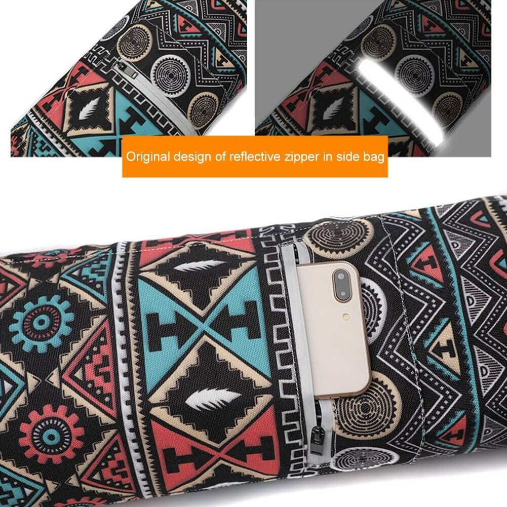 Aztec print yoga mat bag with reflective zipper and phone pocket, perfect for gym and sports enthusiasts.