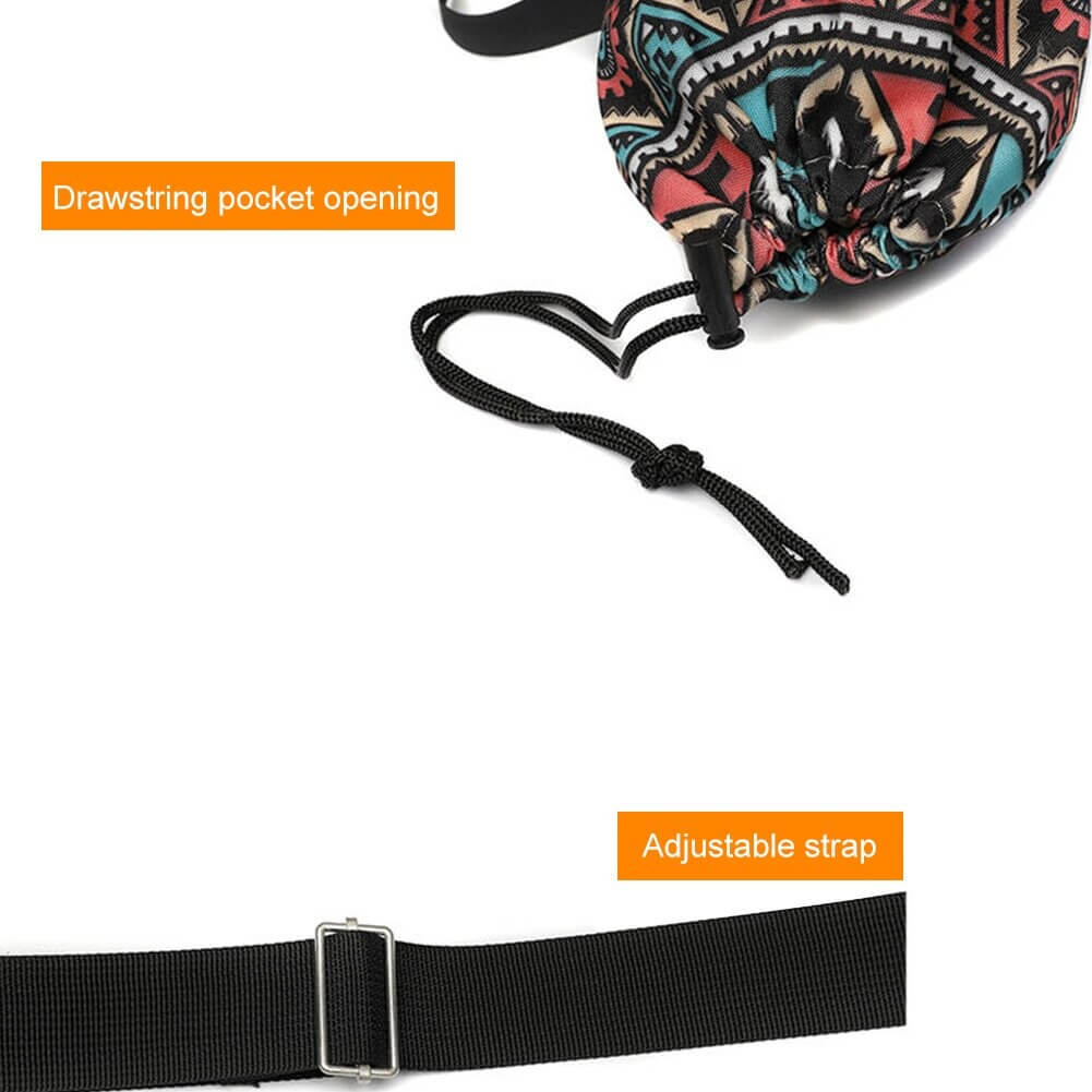 Close-up of floral yoga mat bag with drawstring pocket and adjustable strap for convenient carrying. Vibrant design, ideal for fitness lovers.