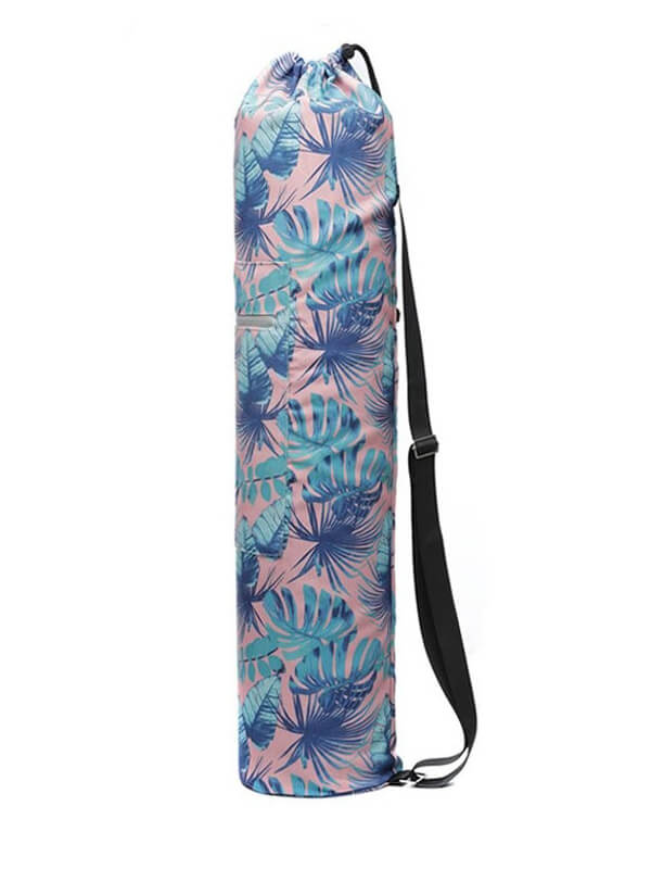 Fashion floral printed yoga mat bag with adjustable strap, blue and pink design, perfect for fitness enthusiasts. Unisex, microfiber material.