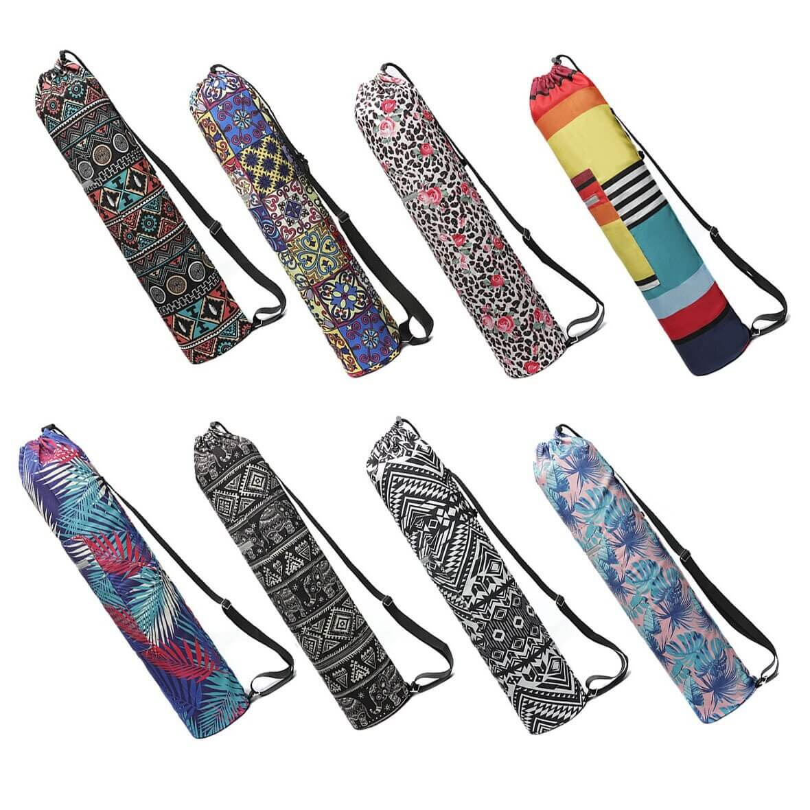 Eight stylish floral and patterned yoga mat bags with adjustable straps, featuring durable microfiber and vibrant designs.