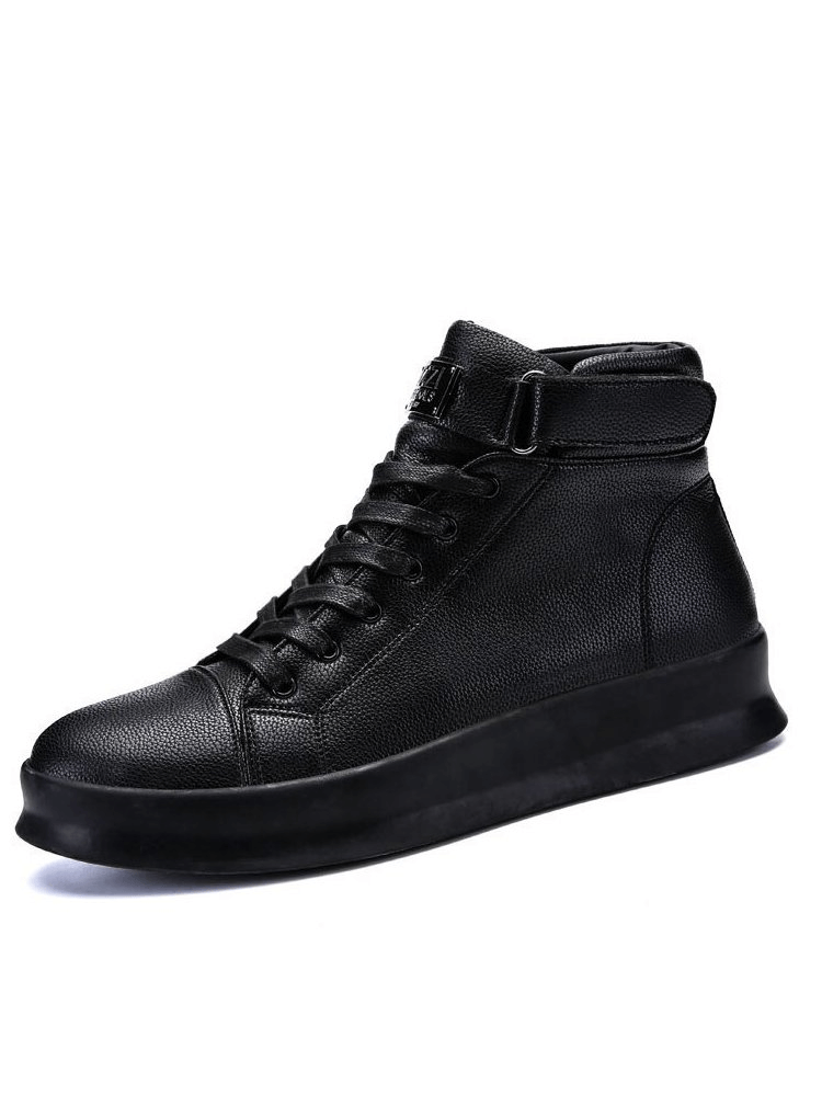 Fashion high flexible black men's sneakers with laces and Velcro, featuring leather upper and durable rubber outsole.