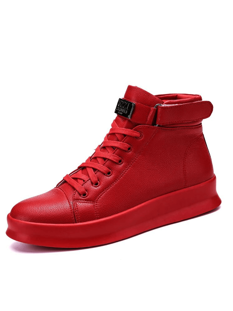 Men's red high flexible sneakers with laces and Velcro, featuring leather upper, microfiber lining, and rubber outsole for comfort and style.