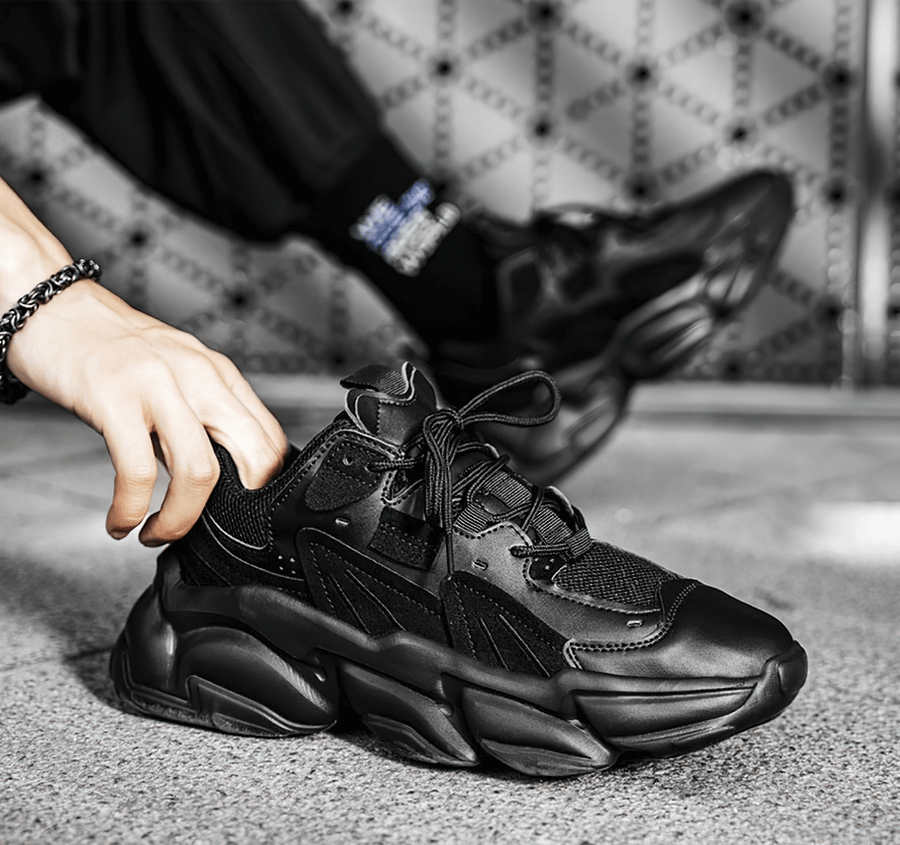 Trendy black fashion lace-up platform sneakers for men with breathable mesh upper and EVA outsole for comfort and support.