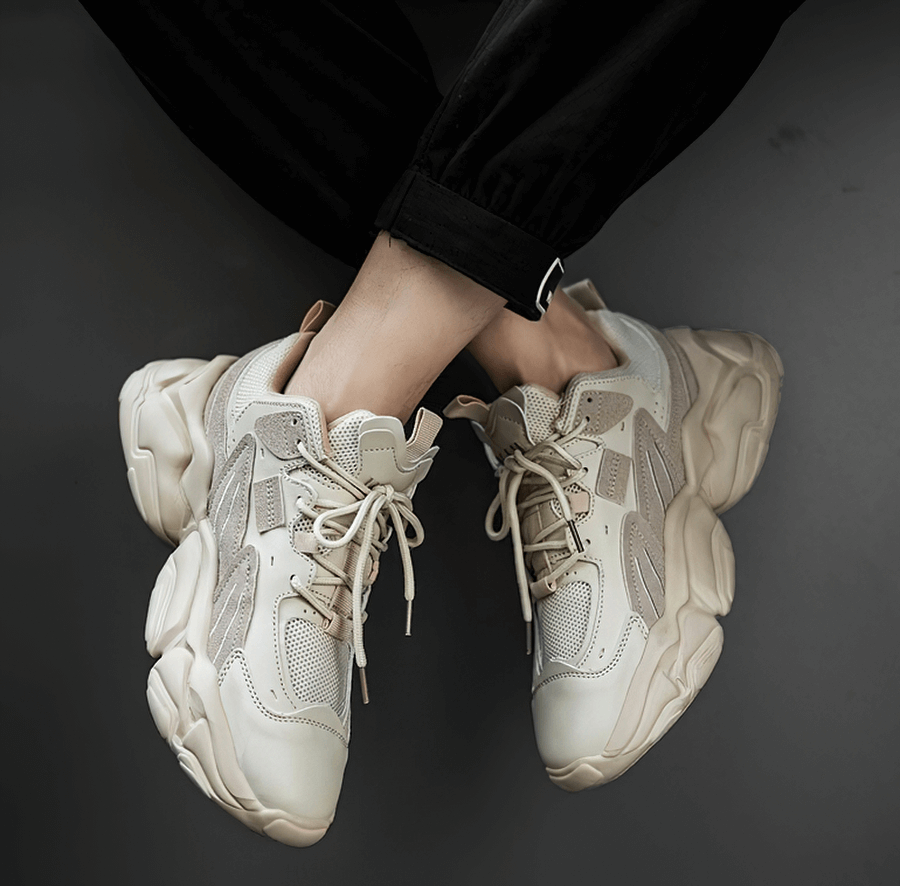 Fashion Lace-Up Platform Male Sneakers in beige with mesh upper, offering breathability and comfort for stylish modern men.
