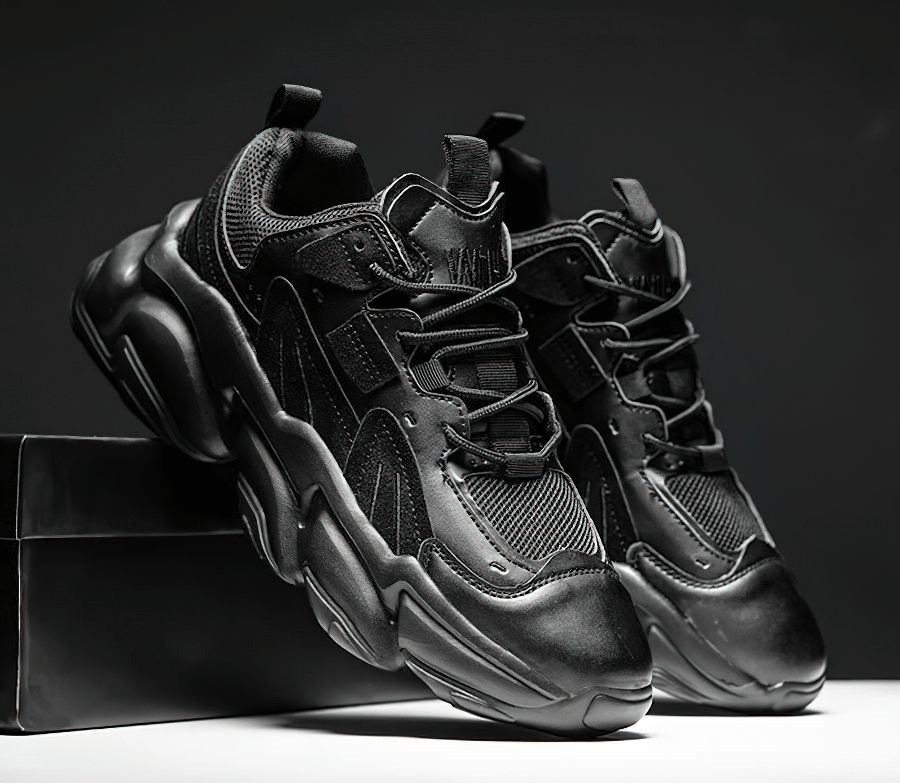 Sleek black lace-up platform male sneakers with mesh upper and EVA outsole for comfort and style, perfect for modern sportswear.