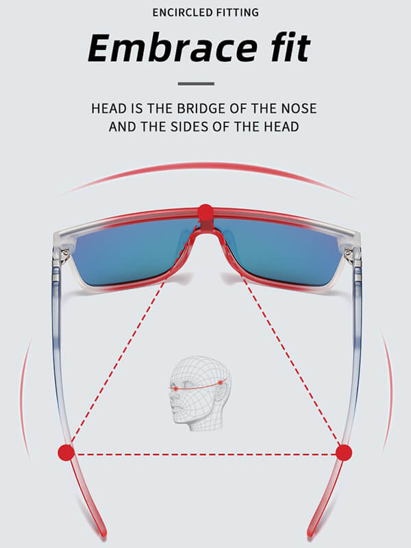 Diagram illustrating secure fit of large frame unisex sunglasses SF0741 with anti-reflective blue lenses and ergonomic design.
