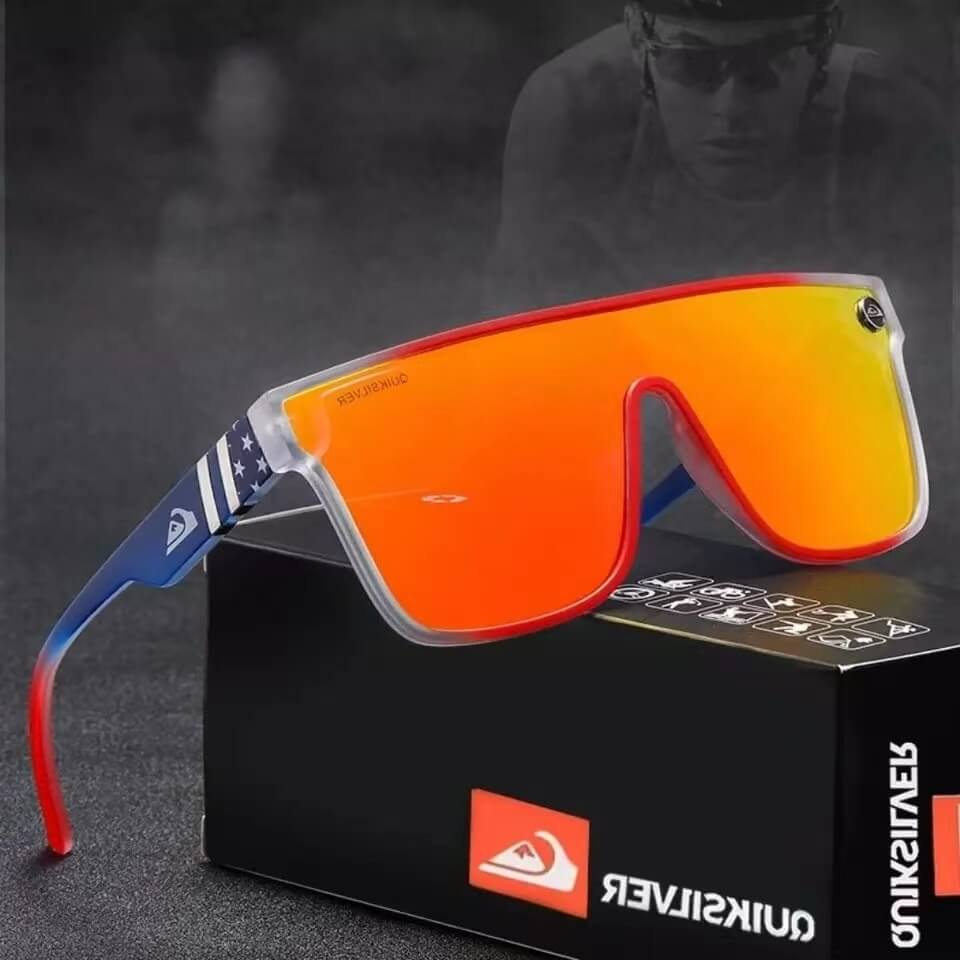 Unisex large frame sunglasses with vibrant orange and blue design for stylish UV protection.